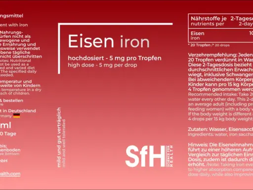Eisen iron Tropfen: 20 Tropfen jeden 2. Tag für bessere Aufnahme und Verträglichkeit.