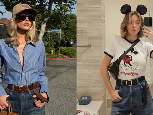 Due donne mostrano come indossare cintura donna: una con camicia a righe e jeans, l'altra con t-shirt Disney e shorts.