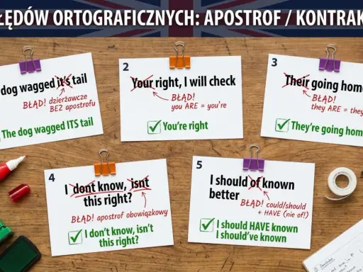 5 błędów ortograficznych: apostrof po angielsku. Przykład: "it's" vs "its", "you're" vs "your", "they're" vs "their", "isn't" vs "isnt", "should've" vs "should of".