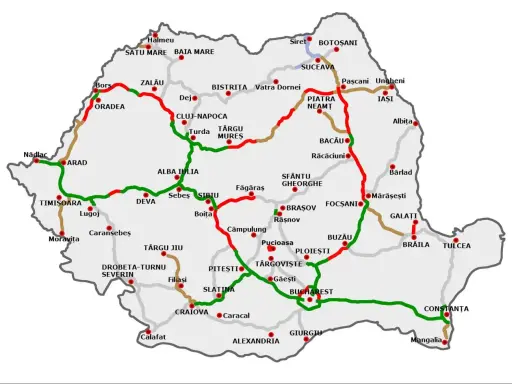 Mapa drogowa Rumunii z zaznaczonymi miastami i trasami. Wjazd do kraju od zachodu, przez Nădlac i Arad.