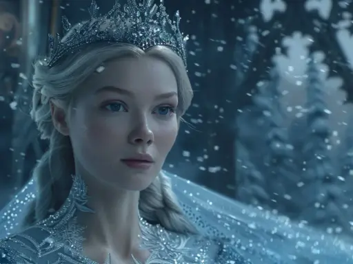Portret młodej kobiety w koronie i lodowej sukni, otoczonej śniegiem.