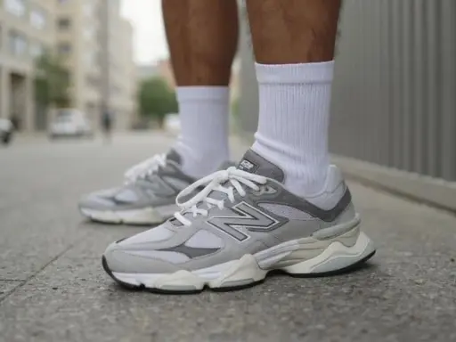 Szare buty New Balance na miejskim chodniku. Stylowy poradnik, jak nosić klasykę.