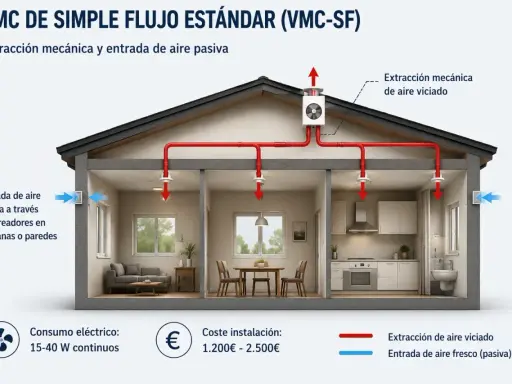 Diagrama de un sistema VMC de simple flujo que muestra la extracción mecánica de aire viciado y la entrada pasiva de aire fresco en una casa.