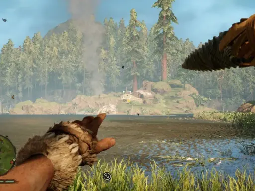 Gracz w grze survivalowej, podobnej do Far Cry, celuje z prymitywnej broni w kierunku jeziora i lasu.