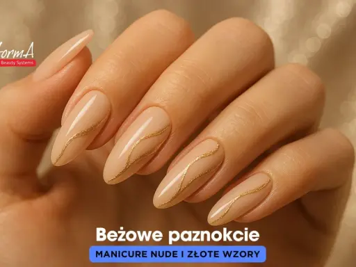 Eleganckie paznokcie nudę ze zlotem, zdobione subtelnymi, złotymi liniami. Idealne na każdą okazję.