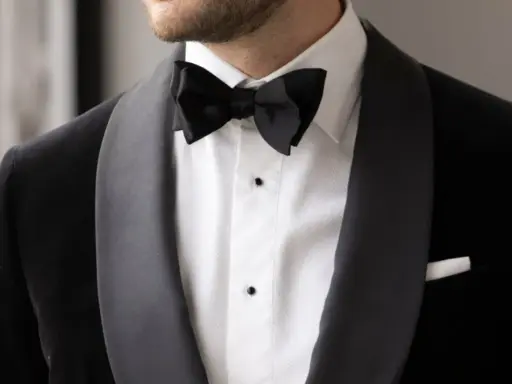 A man wears a sharp black suit with a crisp white shirt and a black bow tie, ready for a formal occasion.