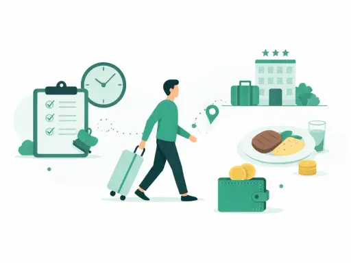Planowanie podróży służbowej: lista zadań, zegar, walizka, hotel, posiłek i portfel. Zastanawiasz się, ile wynosi dieta w delegacji?