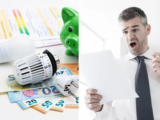 Chockad man ser en elräkning. Glödlampa, element och sedlar antyder höga kostnader, kanske relaterade till kw vs kwh.