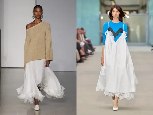 Outfit con abito sottoveste: un maglione beige oversize su un abito bianco con piume, e un abito bianco su maglia blu con pizzo.