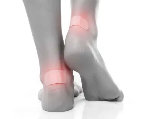 Pieds avec pansements sur les talons pour soulager une phlyctène douloureuse.