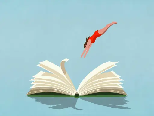 Una persona in costume da bagno rosso si tuffa in un libro aperto, simbolo di avvincenti libri che ti trasportano in mondi fantastici.