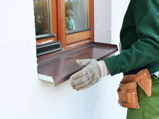 Instalación de un vierteaguas metálico en una ventana. El vierteaguas protege la pared de la lluvia.