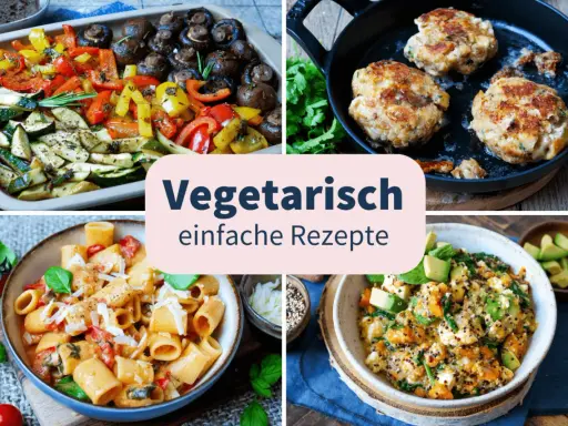 Vier Bilder mit leckeren, schnelle vegetarische gerichte: Ofengemüse, Bratlinge, Pasta und Quinoa-Bowl.