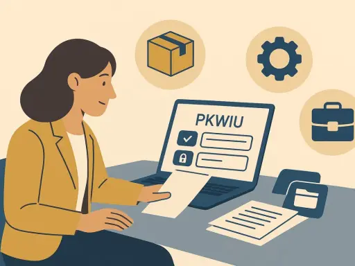 Kobieta pracuje przy laptopie z napisem PKWIU. Ikony pudełka, biegu i teczki sugerują klasyfikację produktów i usług.