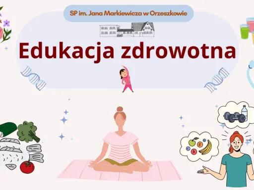 Edukacja zdrowotna w szkole. Grafika przedstawia mózg, owoce, warzywa, ryby, ćwiczenia i medytację.