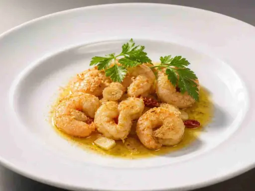 Saftige, gebackene Garnelen mit Knoblauch und Petersilie auf einem weißen Teller.