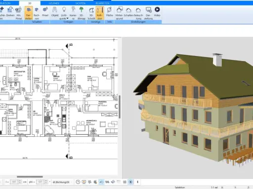 Grundriss 1:50 eines Mehrfamilienhauses mit detaillierter Raumaufteilung und 3D-Ansicht des Gebäudes.
