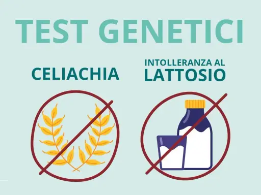 Test genetici per celiachia e intolleranza al lattosio: spighe di grano e bottiglia di latte con divieto.