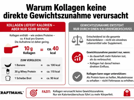 Kollagen liefert nur wenige Kalorien (10g ca. 40kcal). Gewichtszunahme durch Kollagen ist unwahrscheinlich, da nur ein Kalorienüberschuss zu mehr Körperfett führt.