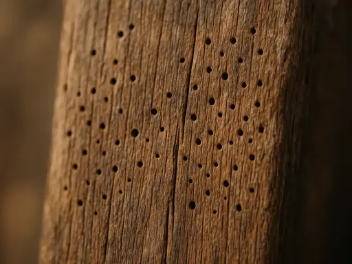 Gros plan sur un vieux bois marqué par un trou dans le bois, témoignant d'un traitement contre les insectes.