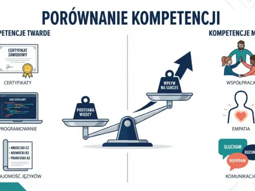 Porównanie kompetencji: twarde (certyfikaty, programowanie, języki) i miękkie (współpraca, empatia, komunikacja) wpływają na sukces.