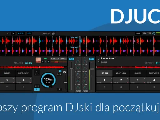 DJUCED - najlepsza aplikacja DJ dla początkujących. Widok dwóch decków z falami dźwiękowymi, mikserem i kontrolkami.