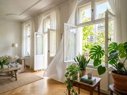 Helle Wohnung mit geöffneten Fenstern, durch die frische Luft strömt und das Raumklima verbessert. Pflanzen auf einem Holztisch.