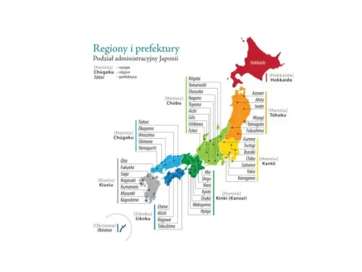 Kolorowa mapa Japonii z podziałem na regiony i prefektury. Widoczne wyspy Honsiu, Hokkaido, Kiusiu, Sikoku i Okinawa.