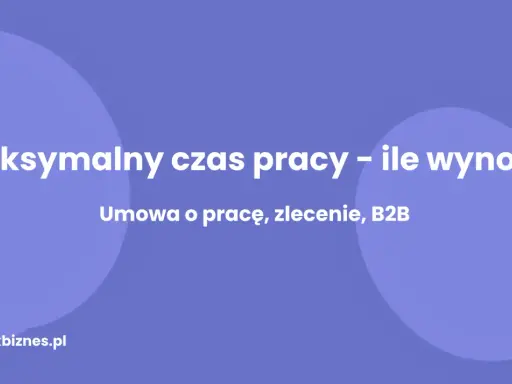 Grafika z tekstem "Maksymalny czas pracy – ile wynosi? Umowa o pracę, zlecenie, B2B" na fioletowym tle.