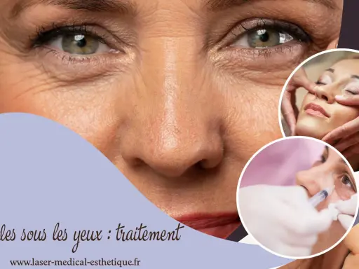 Traitement des rides sous les yeux : gros plan sur un visage, avec des images de soins esthétiques.