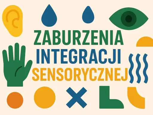 Grafika przedstawia symbole zmysłów i napis "ZABURZENIA INTEGRACJI SENSORYCZNEJ". Objawy mogą być różne.
