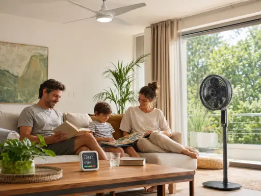 Famiglia rilassata in soggiorno, con ventilatore e soffitto in funzione per come rinfrescare casa senza condizionatore.