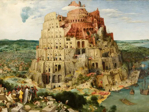 La tour de Babel aujourd'hui : une immense structure en construction, grouillant d'ouvriers et de navires, dominée par une ville et un paysage verdoyant.