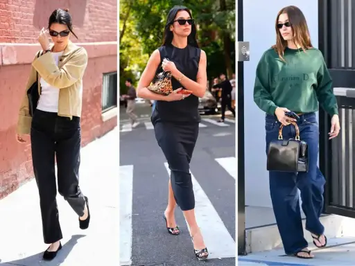 Trzy kobiety prezentują styl casualowy: jedna w beżowej kurtce i czarnych jeansach, druga w czarnej sukience, trzecia w zielonej bluzie i szerokich jeansach.
