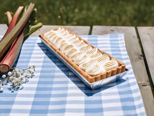 Tarte à la rhubarbe meringuée alsacienne, prête à être dégustée sur une nappe à carreaux bleus.