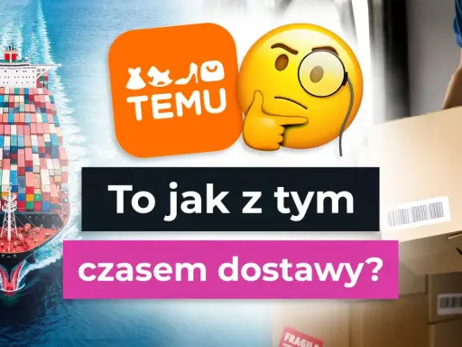 Temu logo, statek towarowy i kurier z paczką. Jak długo trwa wysyłka z Temu?