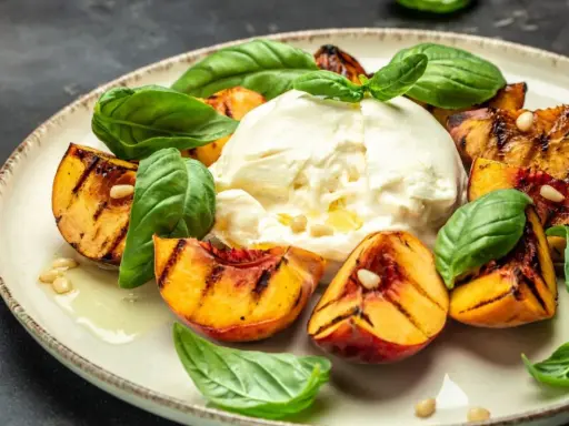 Burrata z grillowanymi brzoskwiniami, bazylią i orzeszkami piniowymi na talerzu.