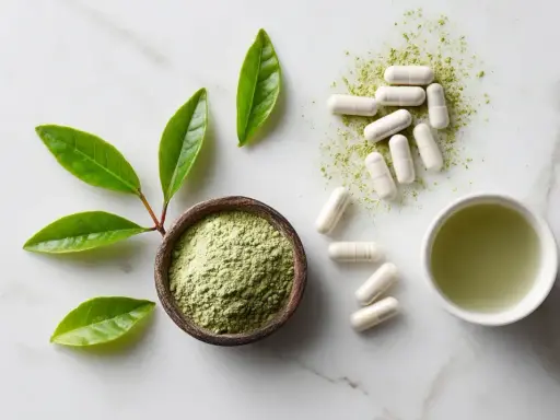 Feuilles vertes, poudre verte dans un bol, pilules blanches et une tasse de liquide vert, évoquant la théanine.