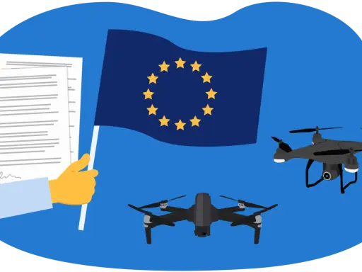 EU-Flagge, Dokumente und zwei Drohnen. Die EU-Drohnenverordnung erfordert eine Erlaubnis.