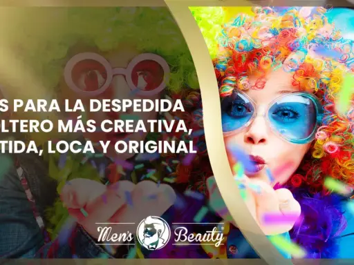 Dos personas con pelucas coloridas y gafas divertidas celebran, lanzando confeti. ¡Ideas para una despedida de soltero inolvidable!