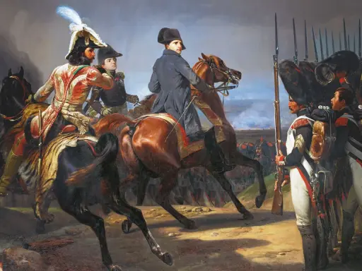 Napoleon und seine Generäle im Kampf während der Befreiungskriege. Soldaten in Uniformen stehen bereit.