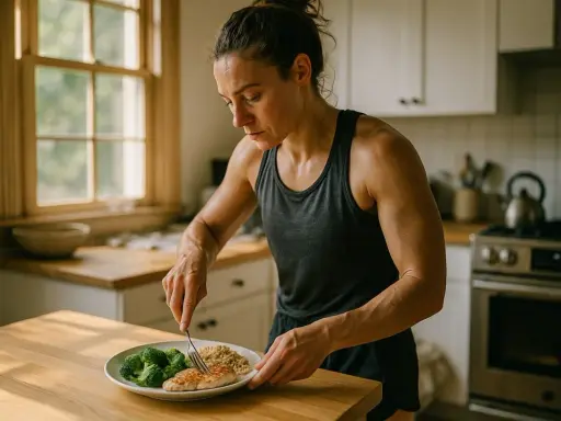 Mujer atlética prepara su comida, calculando las calorías de los alimentos: pollo, brócoli y arroz.