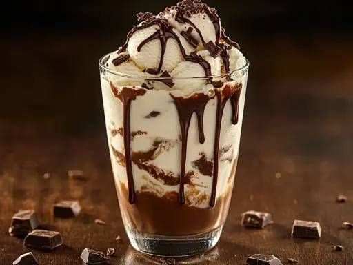 En läcker chokladig mudslide drink med glass, chokladsås och strössel.