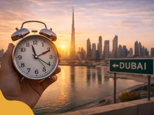 Budzik w dłoni, zachód słońca nad Dubajem. Sprawdź, jaka jest różnica czasu Polska-Dubaj, by zaplanować podróż.