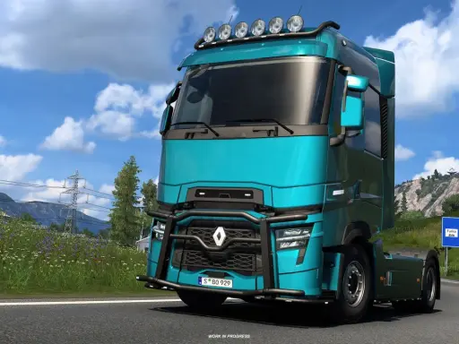 Turkusowa ciężarówka w Euro Truck Simulator 2 PS5 na górskiej drodze.