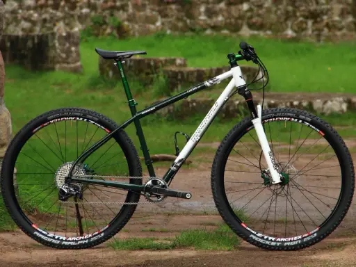 Ein robustes Mountainbike von Tannenwald, bereit für Trails. Perfekt für Abenteuer im Wald.