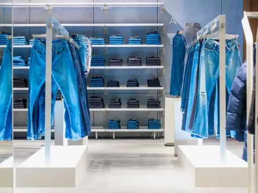 Sklep z jeansami G-Star RAW. Wieszaki uginają się pod ciężarem niebieskich spodni, na półkach poukładane są kolejne pary.