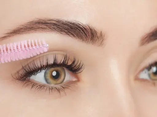 Brosse à cils rose peignant des cils longs et épais. Attention aux dangers de l'huile de ricin pour les cils.