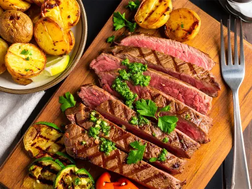 Saftig flankstek, perfekt grillad och skivad, serveras med klyftpotatis och grillade grönsaker. Ett fantastiskt flankstek recept för en härlig middag.