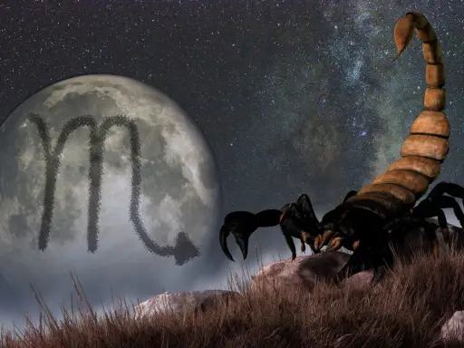 Skorpion na tle księżyca z symbolem zodiaku i rozgwieżdżonego nieba. Tajemniczy ascendent w skorpionie.